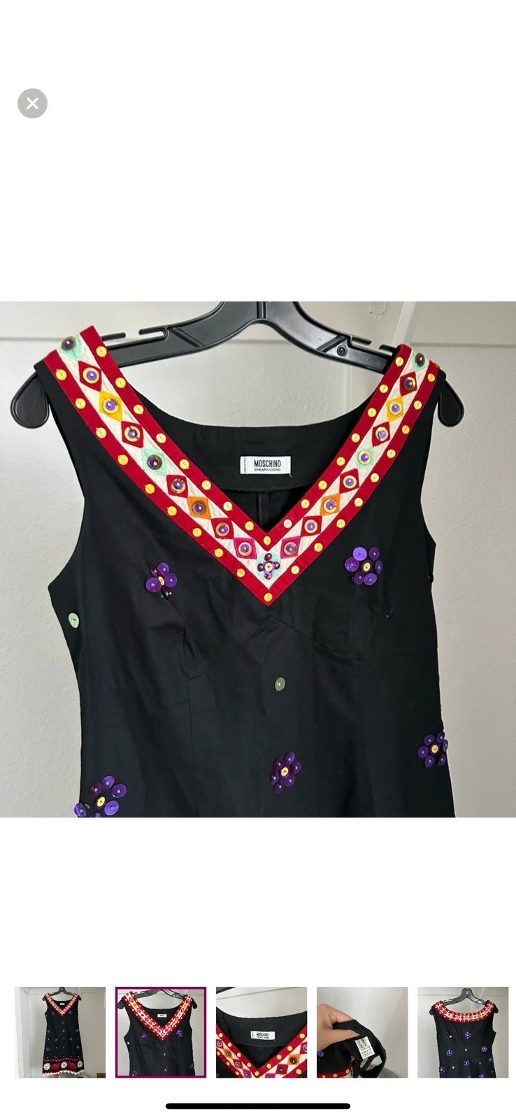 Abito MOSCHINO italiano paillettes elefante fiore applica nero USA 8