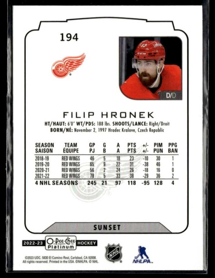 2022-23 O-Pee-Chee Platinum Sunset Filip Hronek #194 - Image 2 of 2