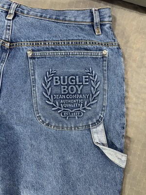 Bugle Boy Relaxed Fit Light Wash Straight Blue Denim Jeans 5-Pocket Cargo Logo