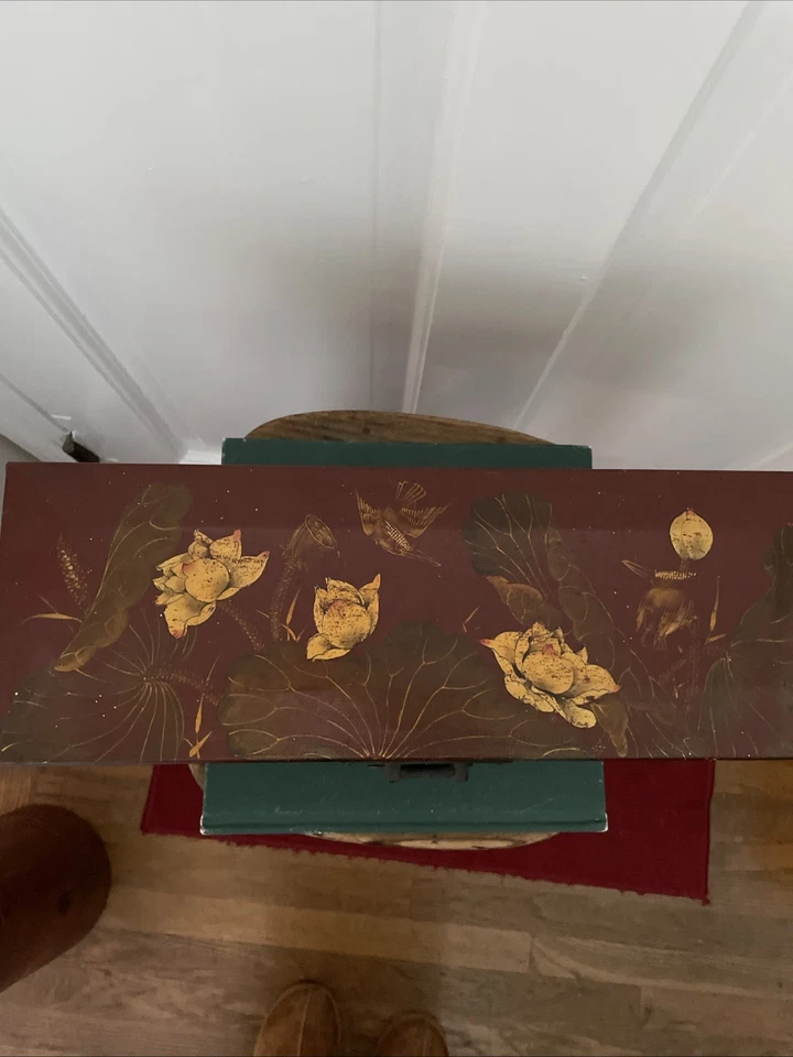 Rare Antique Japanese Meiji Leather Lined Hand Painted Wooden Jewelry Box 17” - Image 2 of 4