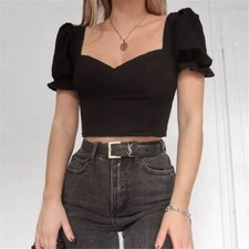 Honet Sweetheart Neckline Puff Short-Sleeve Crop Top Black Size S