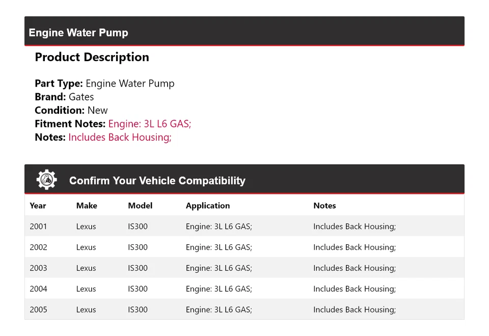 Para Lexus IS300 2001-2005 3L L6 Motor Gas Bomba Agua Puertas 2002 2003 2004 Foto 2 de 4