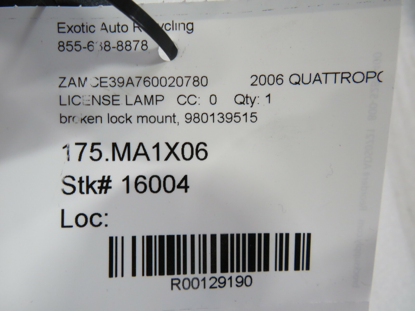Maserati Quattroporte, Rear License Lamp, Broken Mount, Used, P/N 980139515