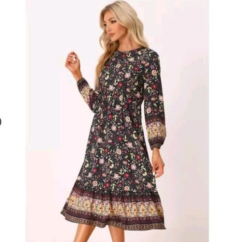 Women's Floral Long Sleeve Midi Dress Size L