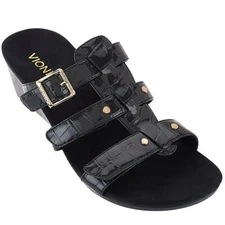 Vionic Orthotic Adjustable Triple Strap Slide Wedges - Radia Black, Sz 12 M