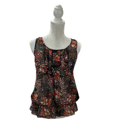 BCX Women's Blouse Sleeveless Ruffle Ditsy Floral Keyhole Back Sheer Size L