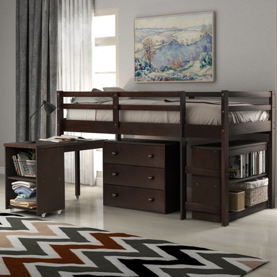 Low Study Twin Loft Bed with Cabinet and Rolling Portable Desk - Espresso (OLD S