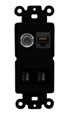 [4 Ports] 3-5MM CAT6 2 USBC Port Rocker Wall Plate Black
