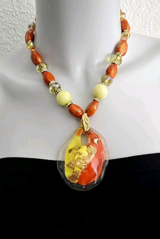 Vtg Artisan Necklace Big Italian Murano Gold Glass Signed Pendant Crystal Beads