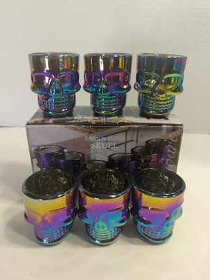 Circleware BRAND NEW IN BOX 6 Rainbow Luster Fusion Skull Shot Glasses 1.75oz 