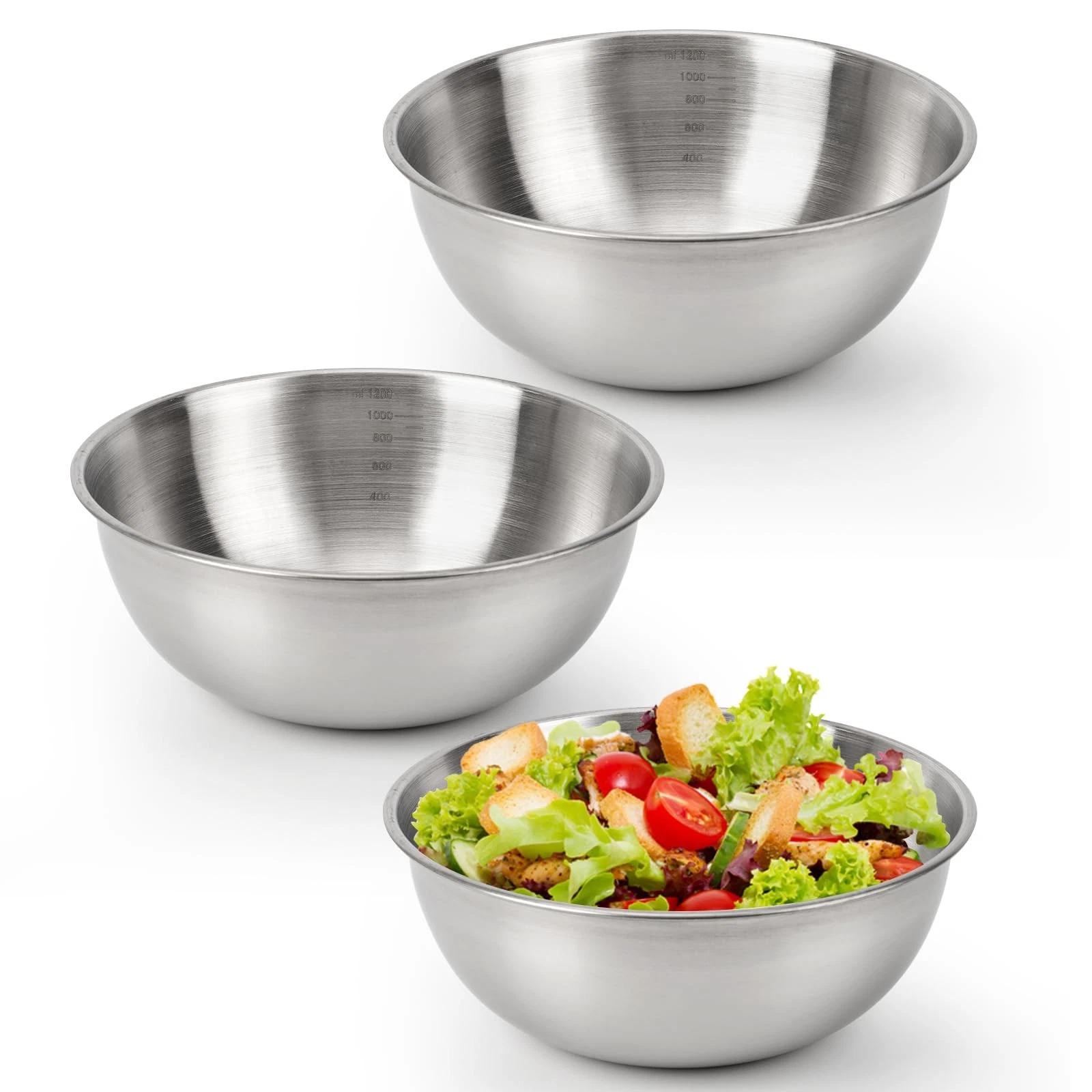 3-Piece Stainless Steel Mixing Bowls (7.1") Metal Bowl Set with Measurement M...