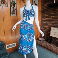 Vtg 50s Hawaiian Tiki Tea Timer Set 2 pc. Halter Crop Top w/ Sarong Skirt XS/S