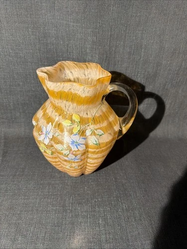 Vintage Fenton Pitcher Vase Hand Painted Glass Flower Swirl