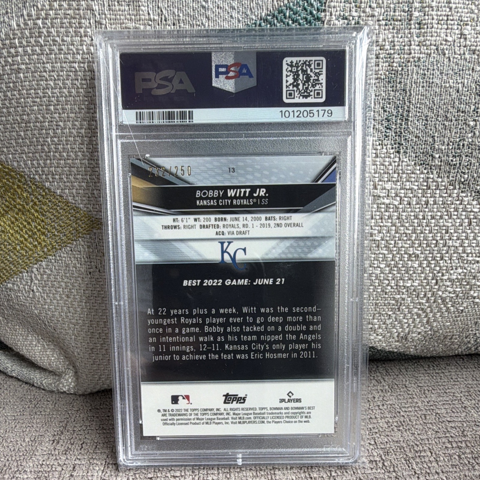 Topps 2022 Bowman's Best Bobby Witt Jr. RC #13 Purple Refractor /250 PSA 10 view 2