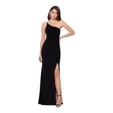 XSCAPE One-Shoulder Jersey Sheath Gown Front Slit Black with Nude Lining Size 6