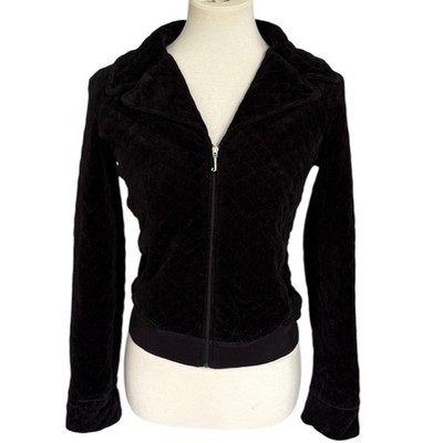 VTG Juicy Couture Black Velour Full Zip Hooded Jacket Women s M Y2K 90 s Retro