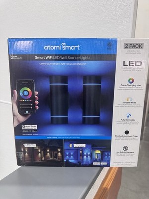 Atomi Smart WiFi LED Wall Sconce 2 Pk Brushed Aluminum black