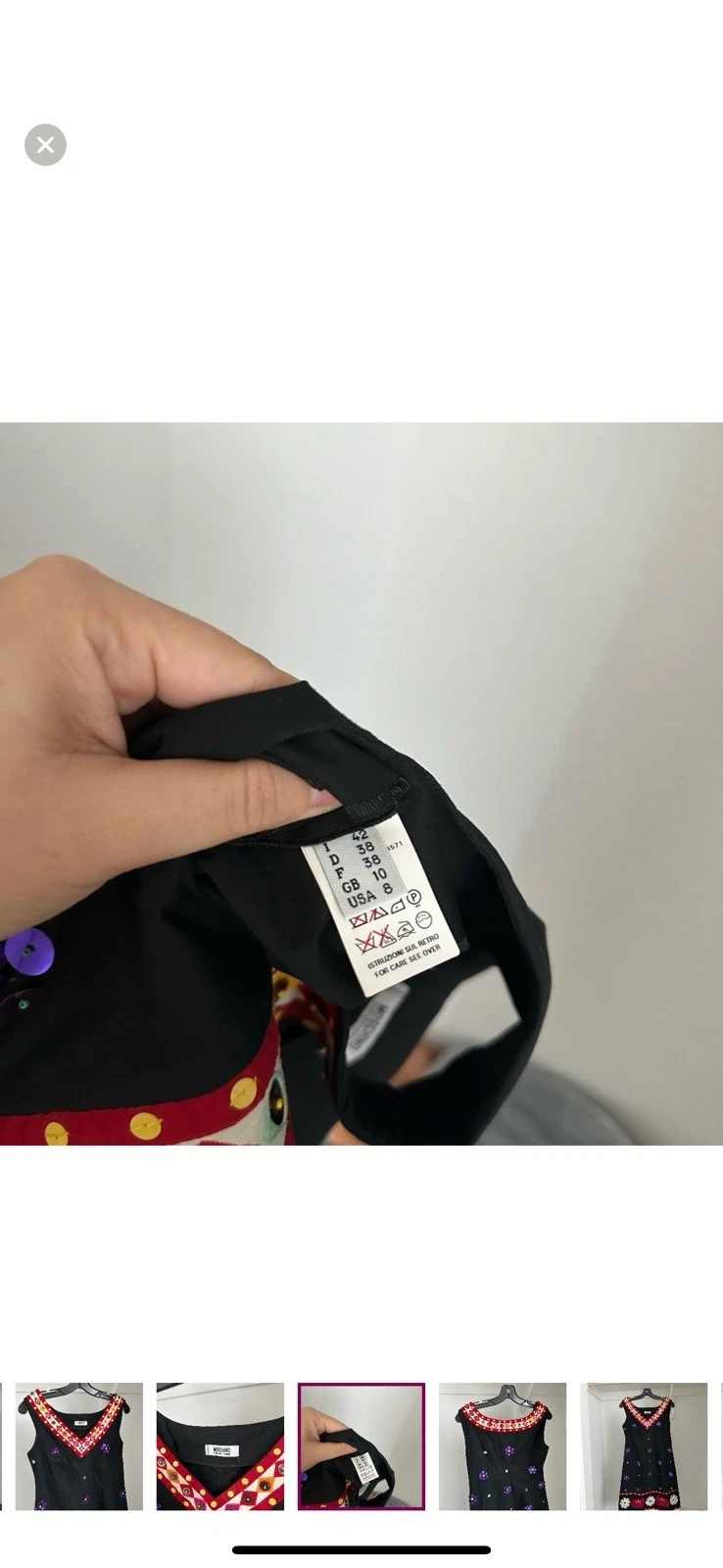 Abito MOSCHINO italiano paillettes elefante fiore applica nero USA 8