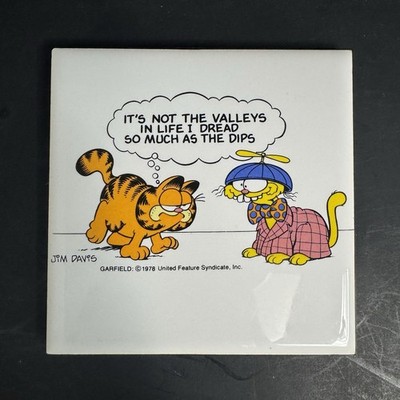 1978 Garfield Enesco Ceramic Tile Plaque Dips Quote w Stand 4¼  Vintage