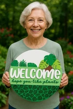 Welcome Plant Lovers Door Hanger – 3D Laser Cut Sign with Tropical Leaf Design –