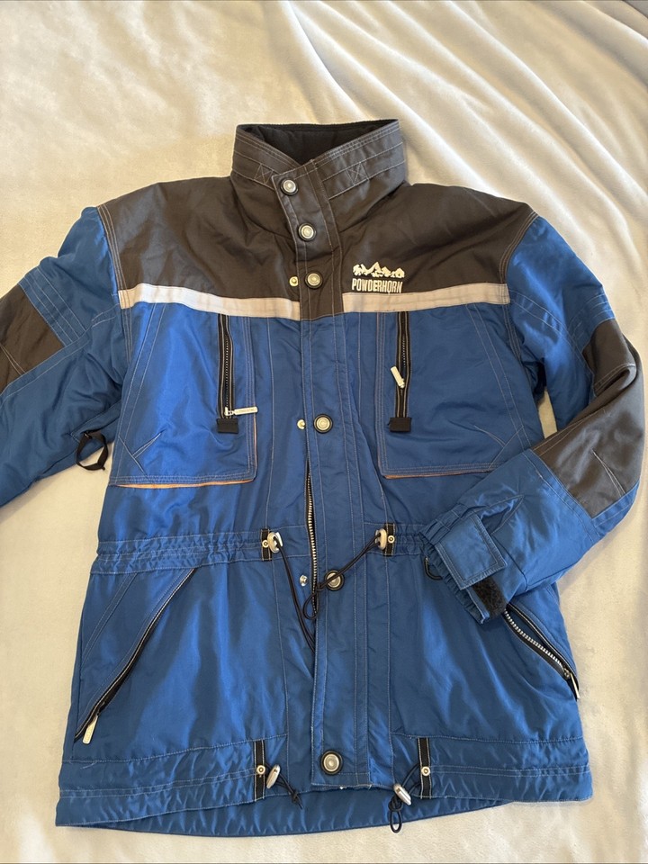 Vintage Powderhorn Mountaineering Down Jacket Ski Unisex Blue Grey Size M