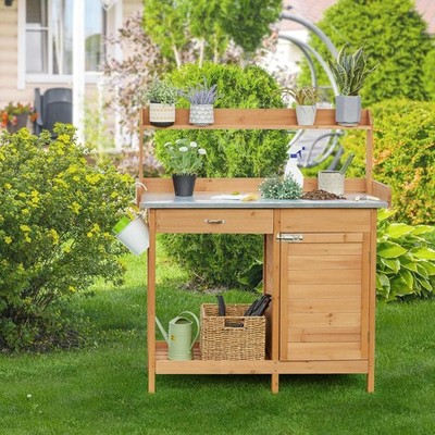 Yaheetech Outdoor Potting Bench with Metal Tabletop Cabinet Drawer Natural Wood