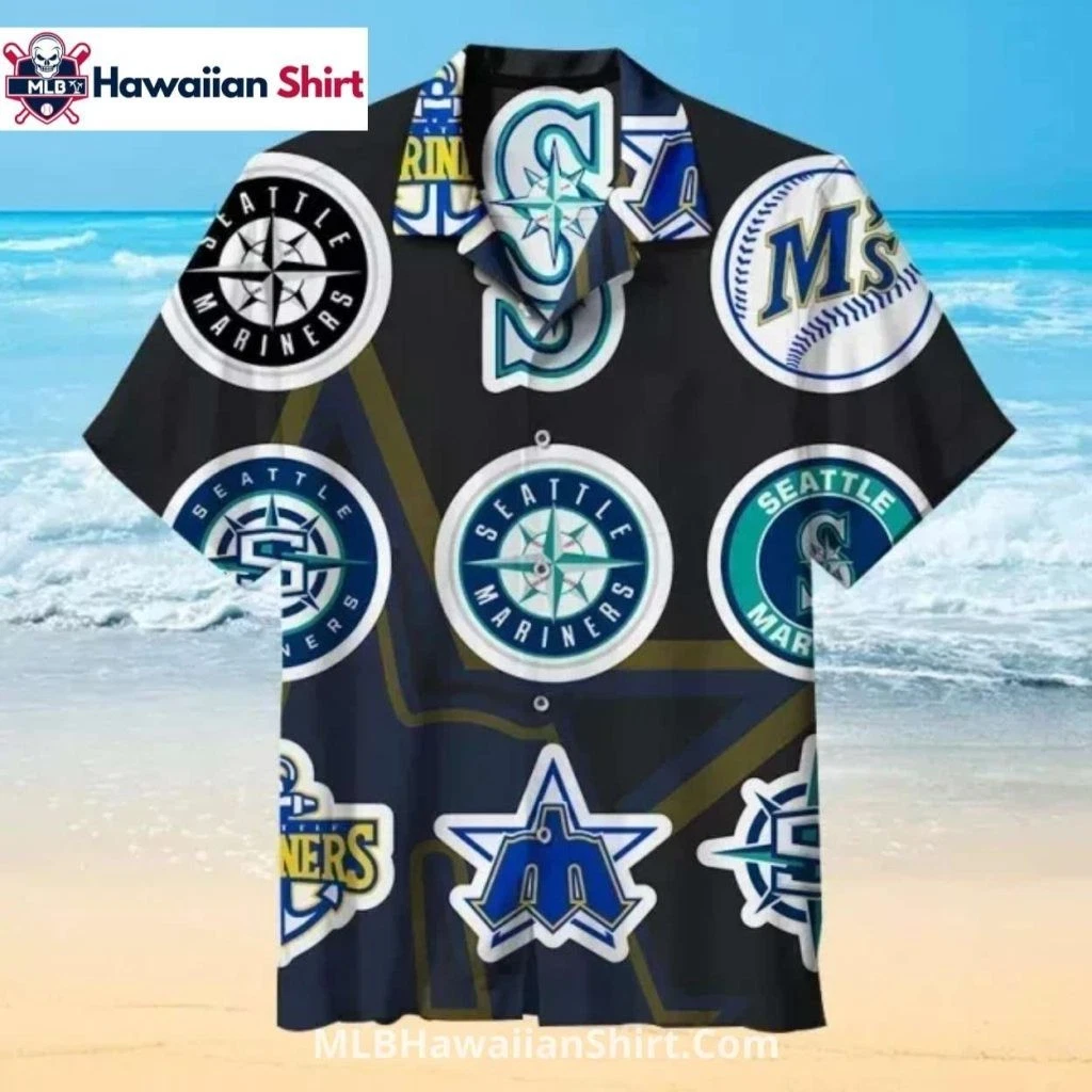 Multi Logo Seattle Baseball Team Marinerss Hawaiian Shirt On Black, Unisex Adult