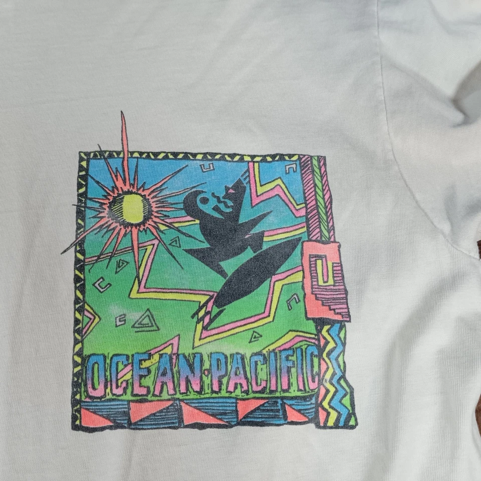 Vintage Ocean Pacific OP Surf Graphic T-Shirt XL White Pocket Tee Double Sided - Image 2 of 4