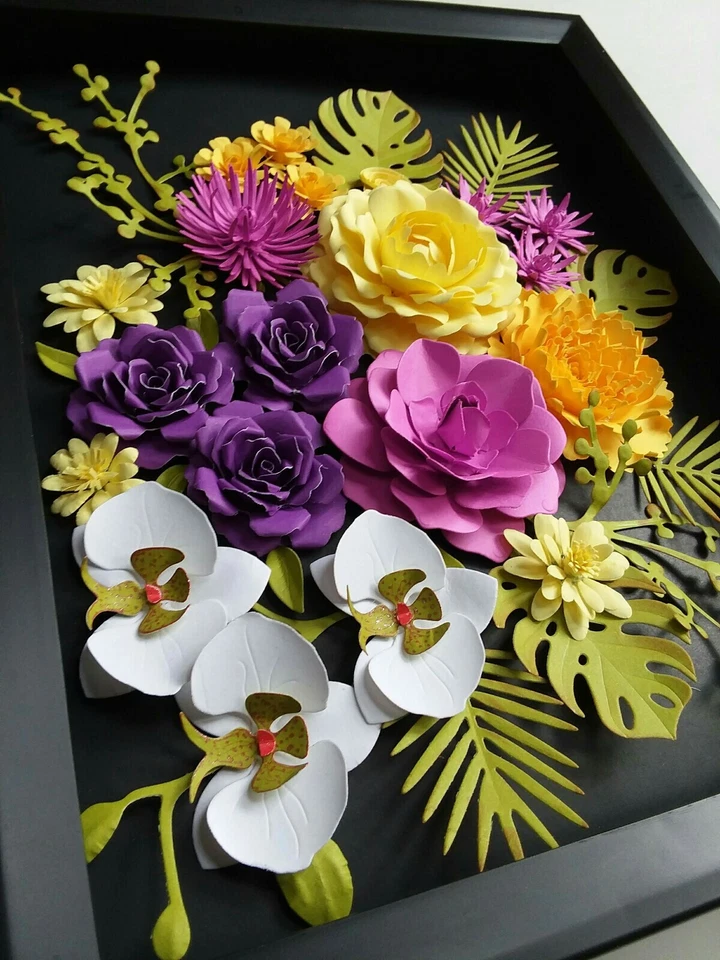 Caja de sombras enmarcada 3D arte de pared rosa orquídeas arreglo floral hogar guardería decoración Foto 3 de 4