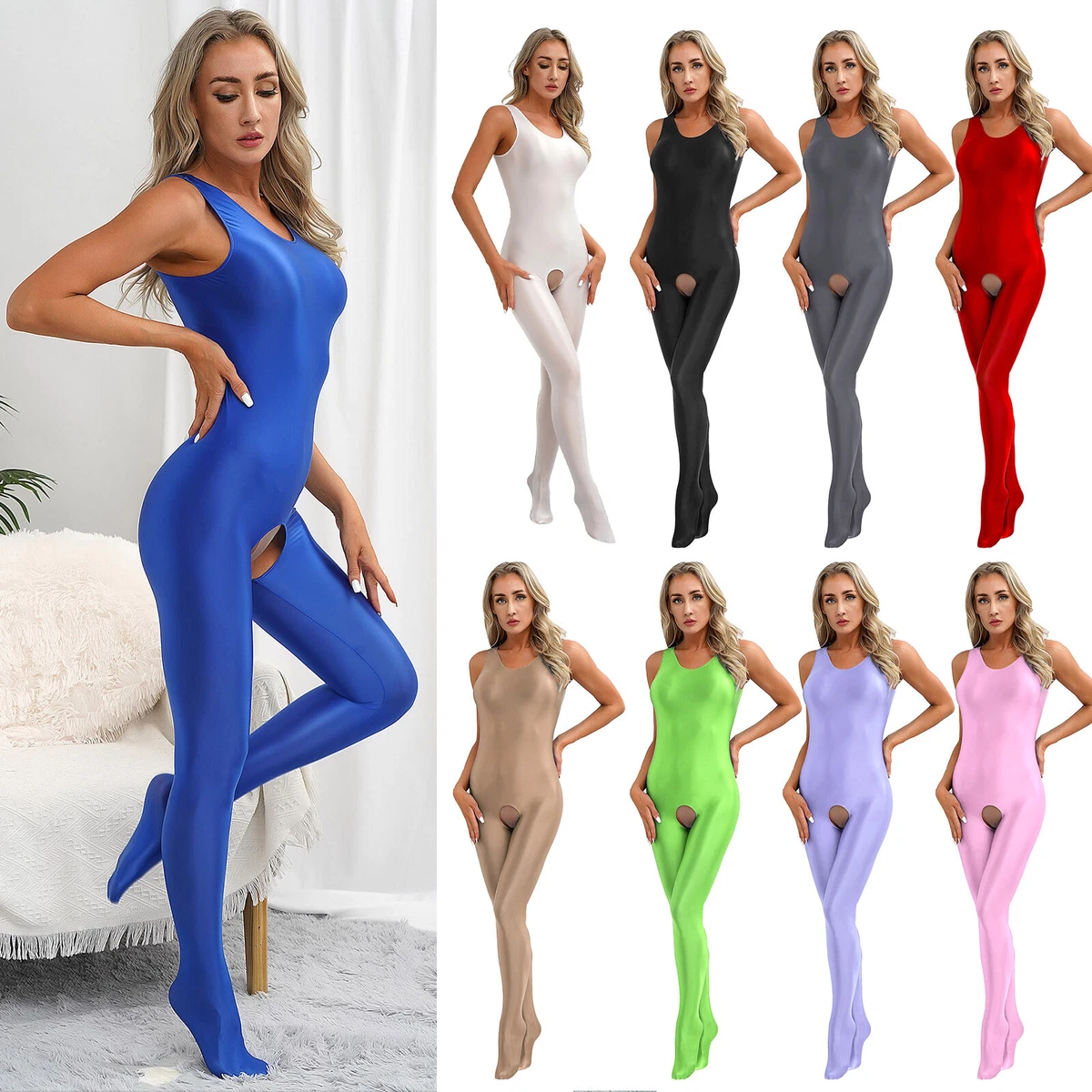 US Women's Smooth Catsuit Glossy Stretchy Open Crotch Bodysuit Romper  Sportswear