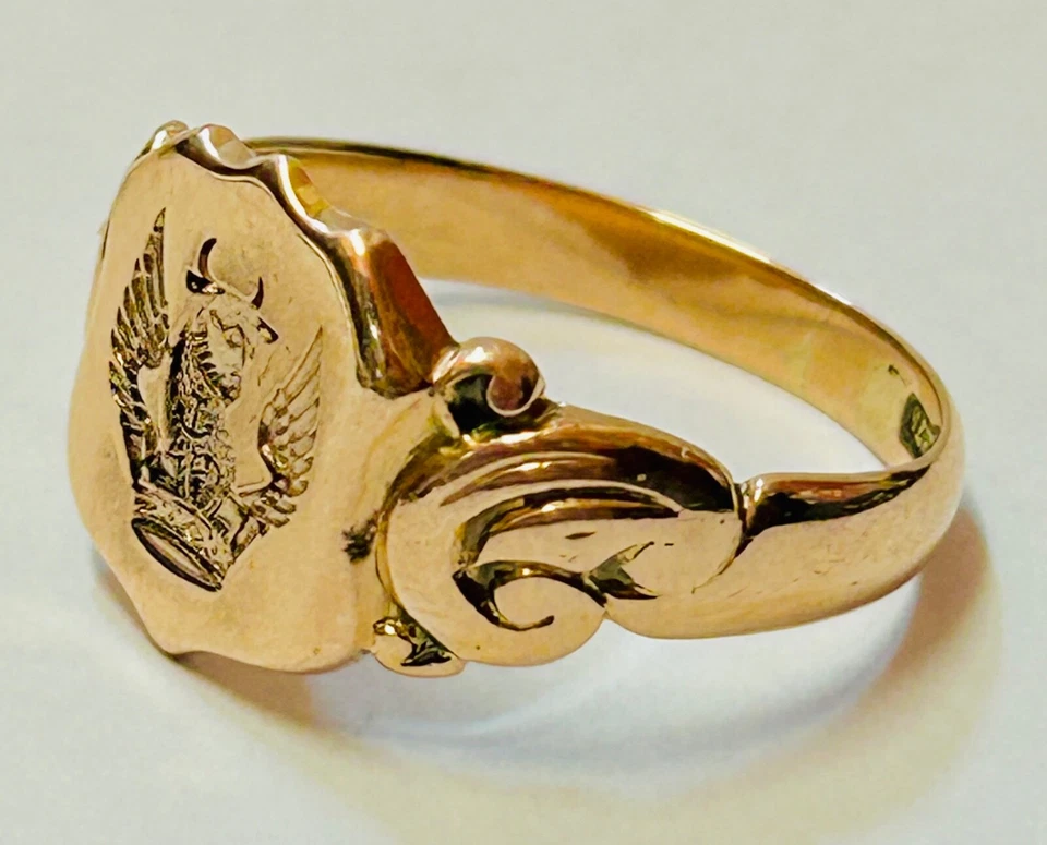 “Antique 9ct Rose Gold Winged Bull Intaglio Seal Ring” Heavy 5.3g Size T - Image 4 of 4