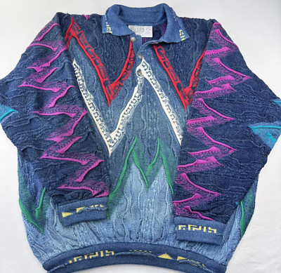 Vintage COOGI Blues Multicolored Collared Sweater With Buttons Sz L  Biggie RARE