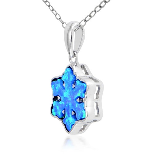 Sterling Silver Created Blue Opal Snowflake Necklace - Picture 2 of 3