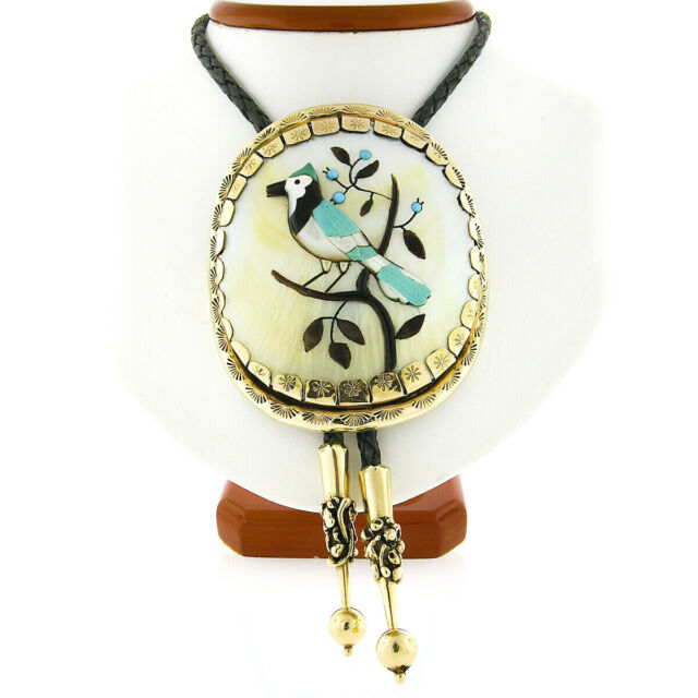 McGees Scottsdale Blue Jay Bird Huge Shell 14k Gold Frame Leather Cord Bolo Tie