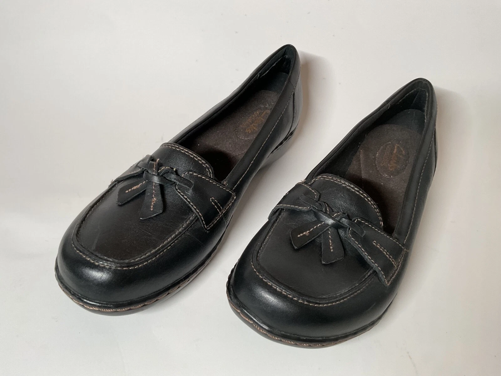 Mocassino donna Clarks pieghevole nero pelle scarpe slip on mocassino taglia 9 M ballerine