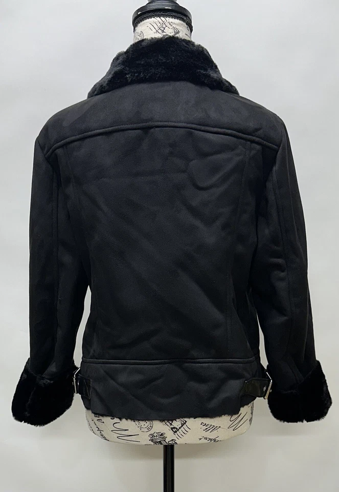 NUEVA Chaqueta Negra Lauren Ralph Lauren Para Mujer Imitación Piel de Oveja Moto Talla M Foto 4 de 4