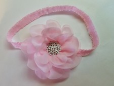 Cute  Pink Baby Girl elastic Headband Flower Hair Bow W/flower rhinestone.