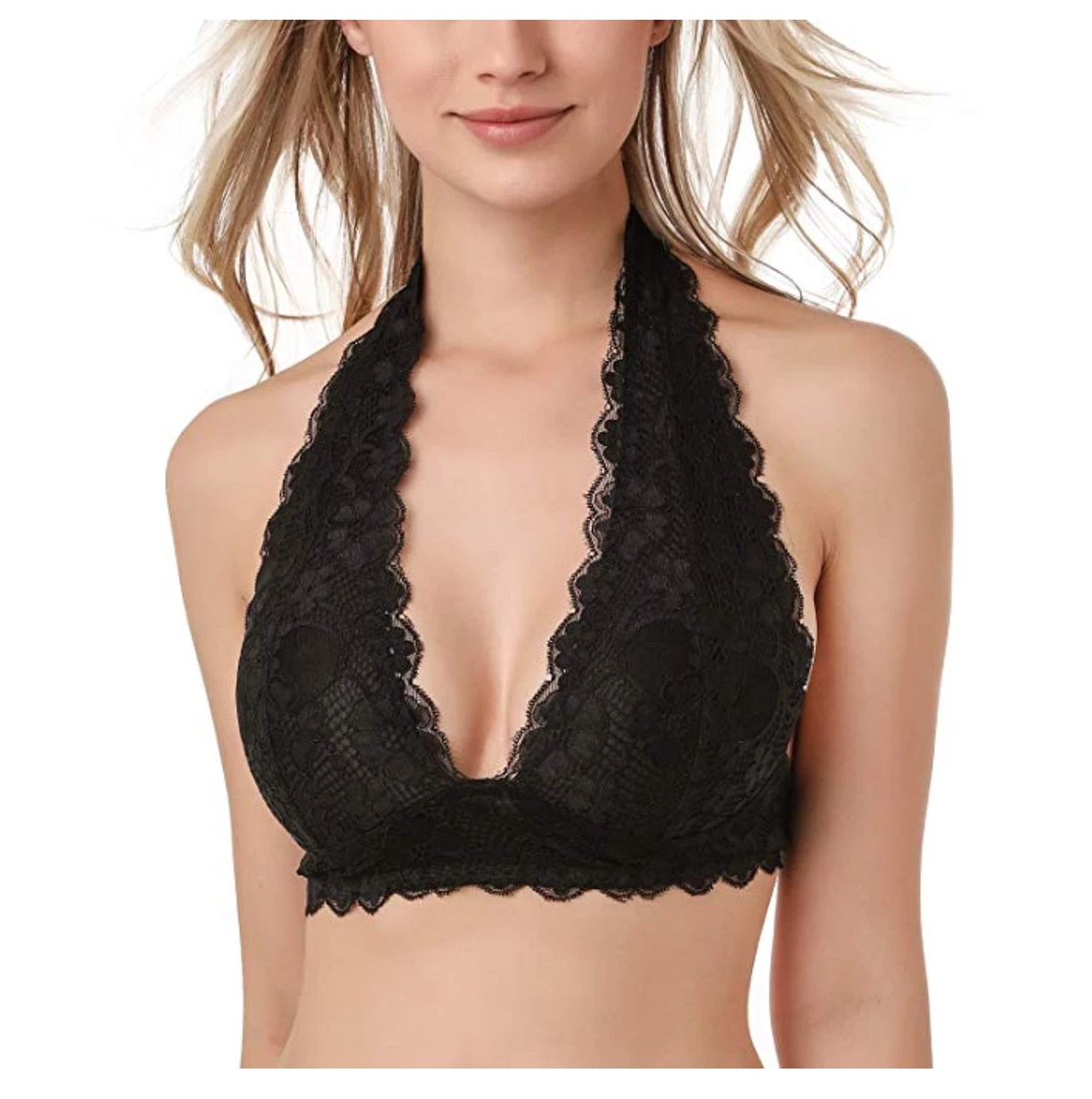 JOJOANS Floral Lace Halter Bra Bralette Top Unpadded Wirefree Bra Black &  Grey