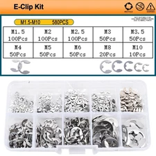 580pcs Stainless Steel E Clip Washer Assortment Kit Circlip Spacer External