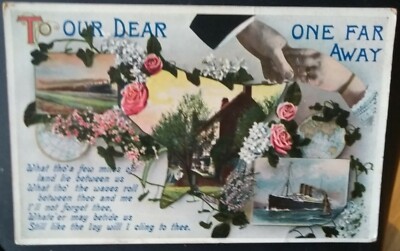 TO OUR DEAR ONE FAR AWAY Regenschiff Globus Handshake Vintage Farbe PC um 1910