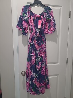 lilly pulitzer pink and blue dress Lilly Pulitzer Dress S Pink Blue Ravyn Off Shoulder Ruffle Feathers Midi  $198