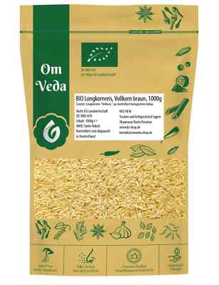 OmVeda BIO Langkornreis Vollkorn 1kg | Unpolierter Naturreis | Vegan & Glutenfre