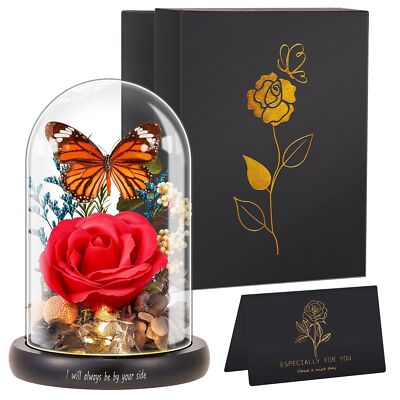 Preserved Flower Gift, Light Up Red Real Rose and Beautiful Real Butterflies ...
