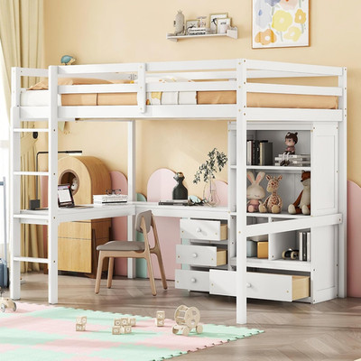 Loft Bed with Desk, Storage Shelves & Drawers, White Finish