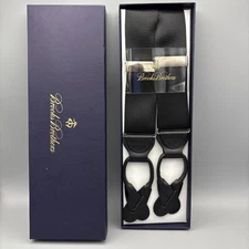 Brooks Brothers Black And Black Leather Suspenders Braces X-Long BB12 NIB