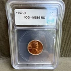 🔥🔥Rare! GRADED! 1957-D Lincoln Wheat Penny Cent 1C MS66 RD Copper🔥🔥
