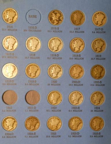 ALMOST COMPLETE COLLECTION OF 74 1916-1945 90% SILVER MERCURY DIMES ALBUM SET