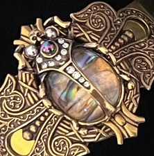 Scarab Bracelet Egyptian Revival Jewelry Abalone Rhinestone Beetle Brass Cuff