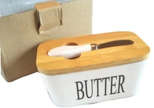 NIB White Butter Keeper Container with Wooden Lid and Spread Knife