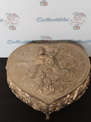 Vintage Victorian Style Silver Tone Heart Shaped Red Velet Tinket Jewelry Box